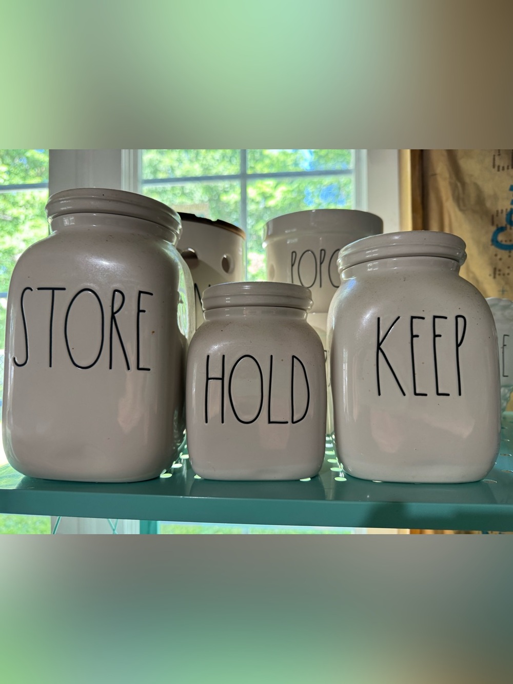 Rae Dunn White Ceramic Canister Set with Black Lettering (STORE, HOLD, KEEP)